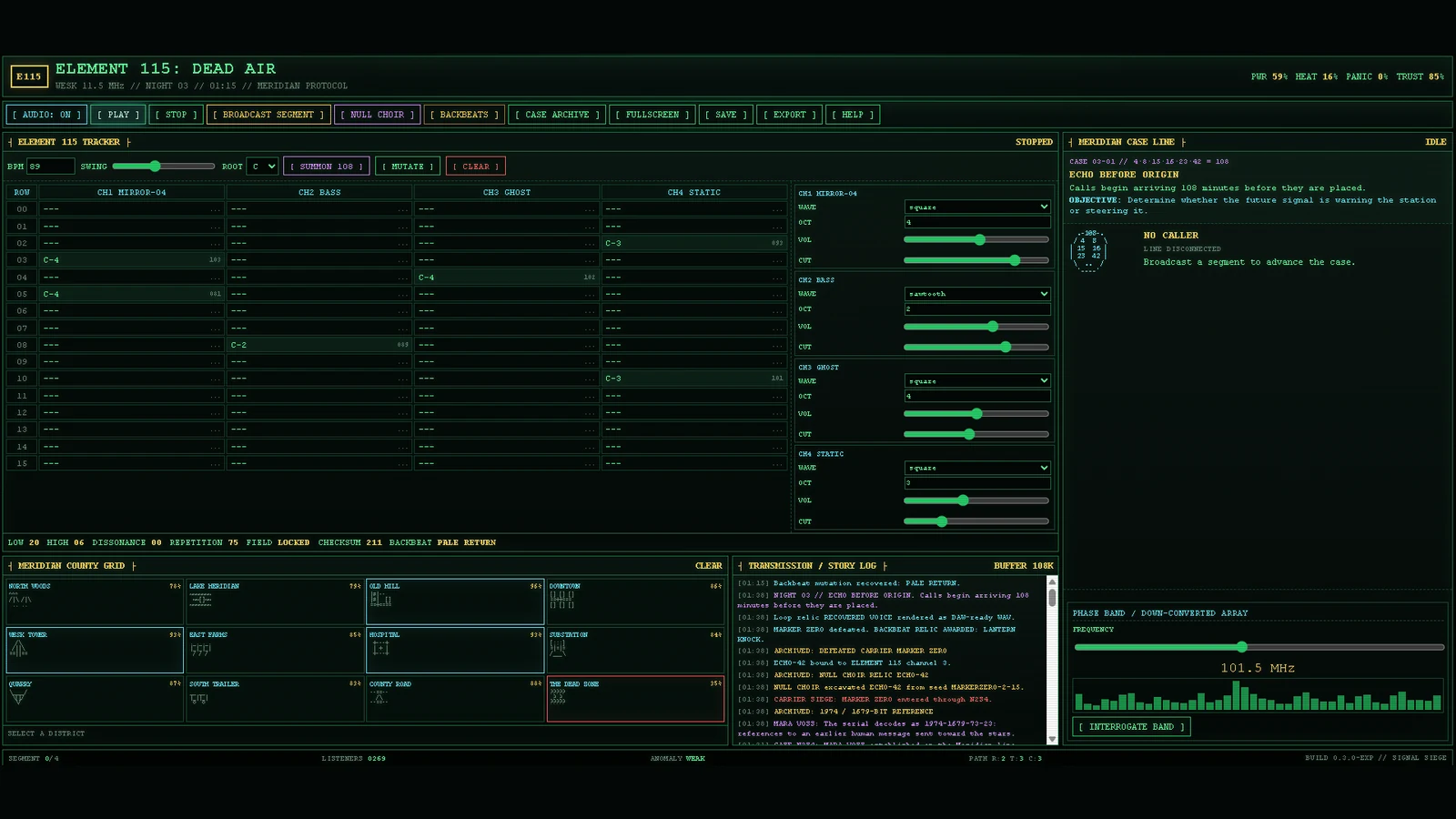 ELEMENT 115: DEAD AIR browser sci-fi horror music game interface