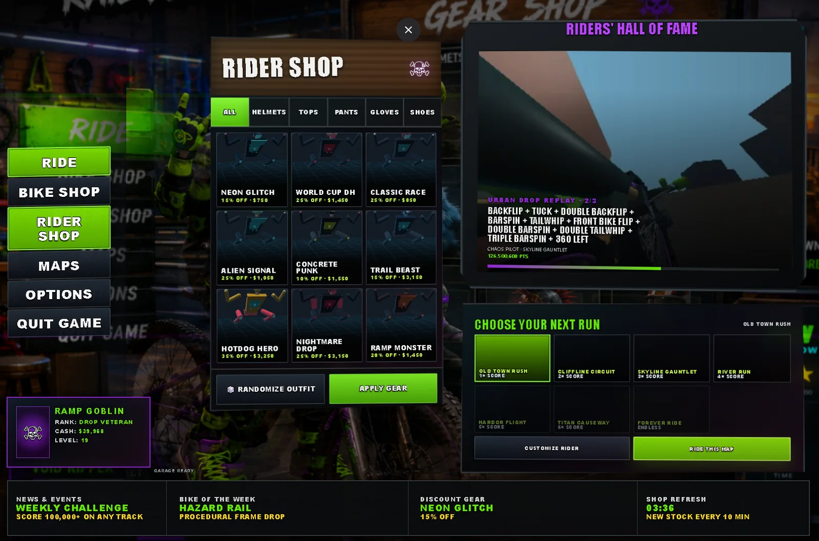Urban Drop Rail Rider rider shop and hall of fame replay
